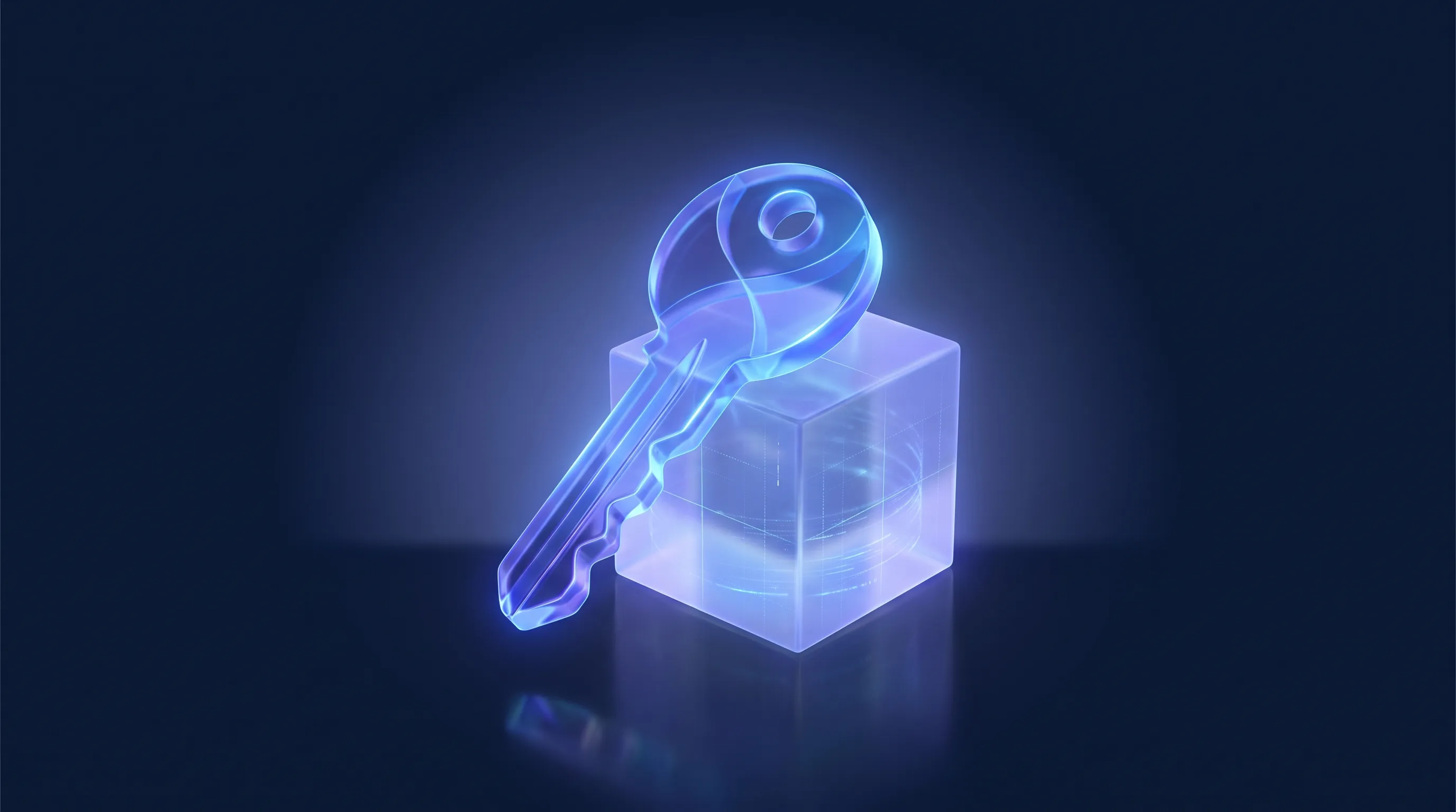 Chiave di vetro luminosa posata su un cubo traslucido, immagine della proprietà del proprio sito web