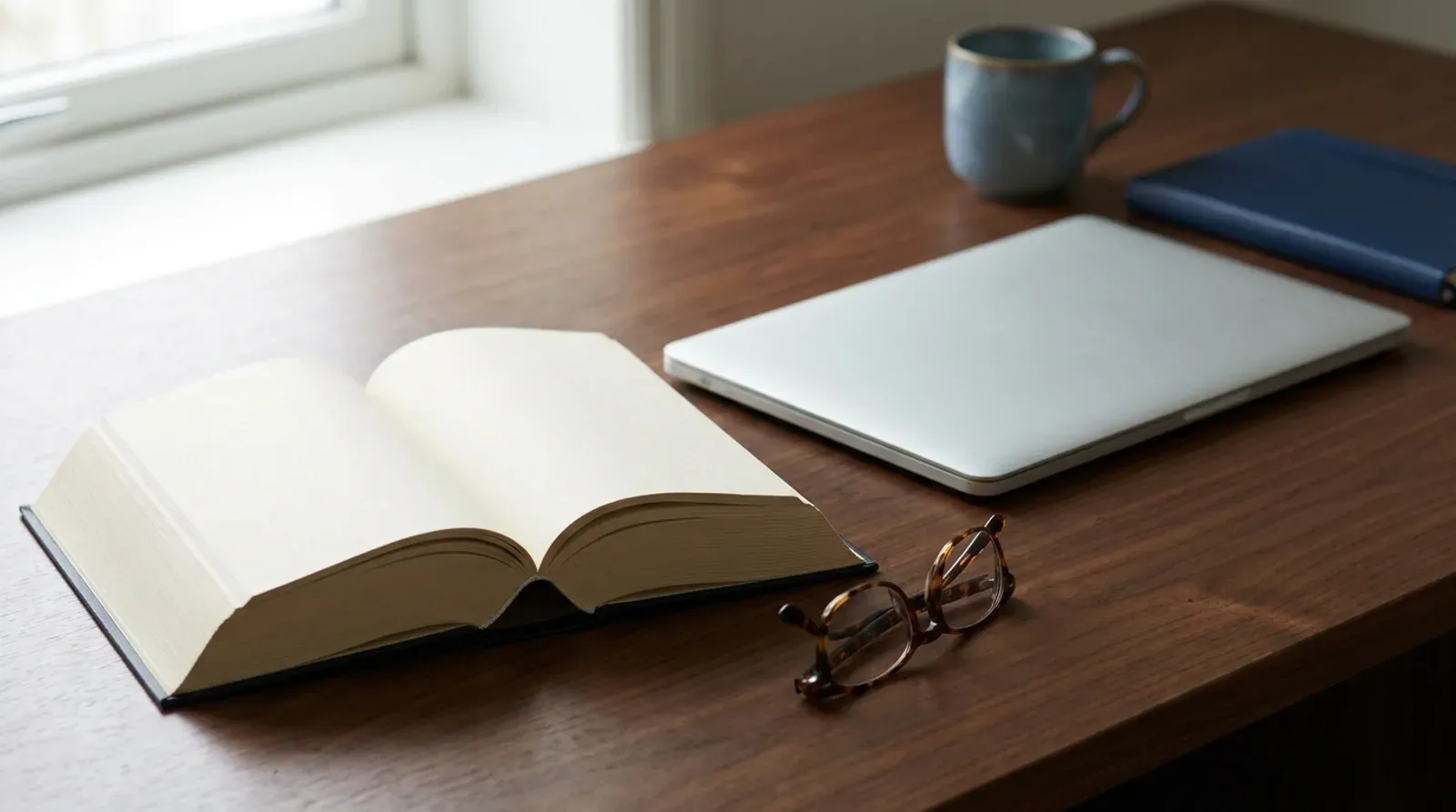 Livre ouvert aux pages vierges, lunettes et ordinateur portable fermé posés sur un bureau en bois sombre.