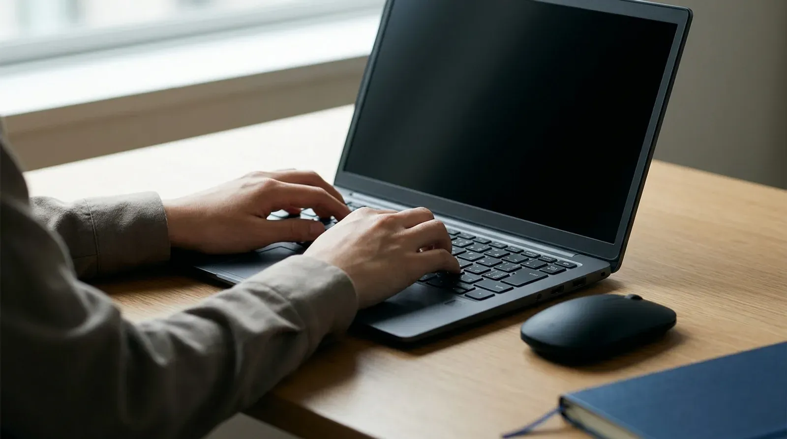 Deux mains parcourent le clavier d’un ordinateur portable, la souris posée de côté sur le bureau.