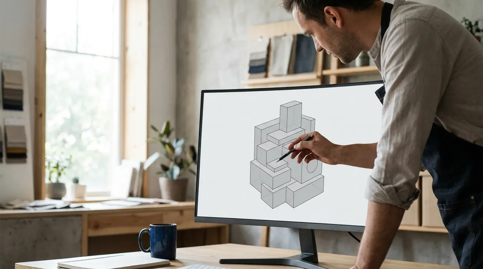 Un concepteur annote sur un grand écran un assemblage de blocs gris sans aucun texte, dans un atelier lumineux.