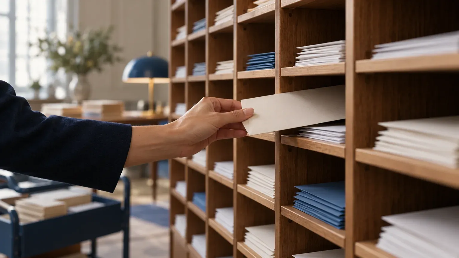 Main qui glisse une enveloppe crème dans un casier de tri en bois rempli d’enveloppes blanches et bleues, image des règles d’envoi de Gmail et Yahoo.