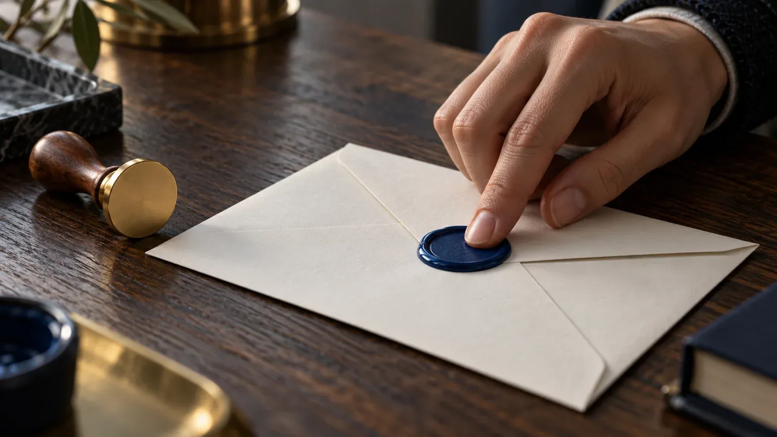 Main qui appuie un cachet de cire bleu marine sur une enveloppe crème, tampon en laiton posé à côté, comme la signature DKIM de chaque message.