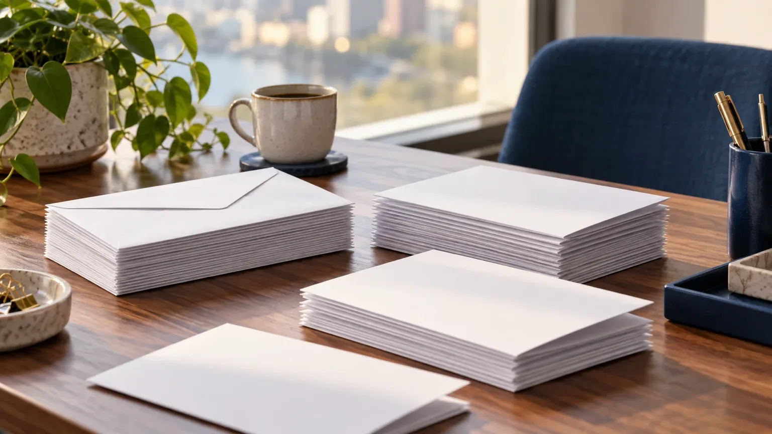 Piles d’enveloppes blanches sur une table de bureau près d’une fenêtre, avec une tasse de café et une plante, prêtes pour un envoi mensuel.