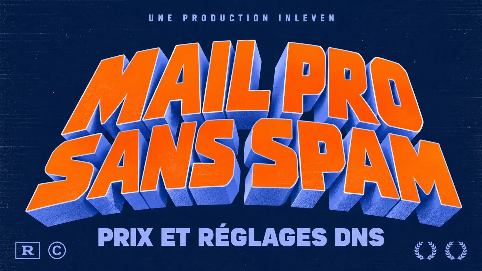 Couverture rétro en relief, titre orange Mail pro sans spam sur fond bleu nuit, avec la ligne Prix et réglages DNS, pour le guide de l'adresse mail professionnelle.