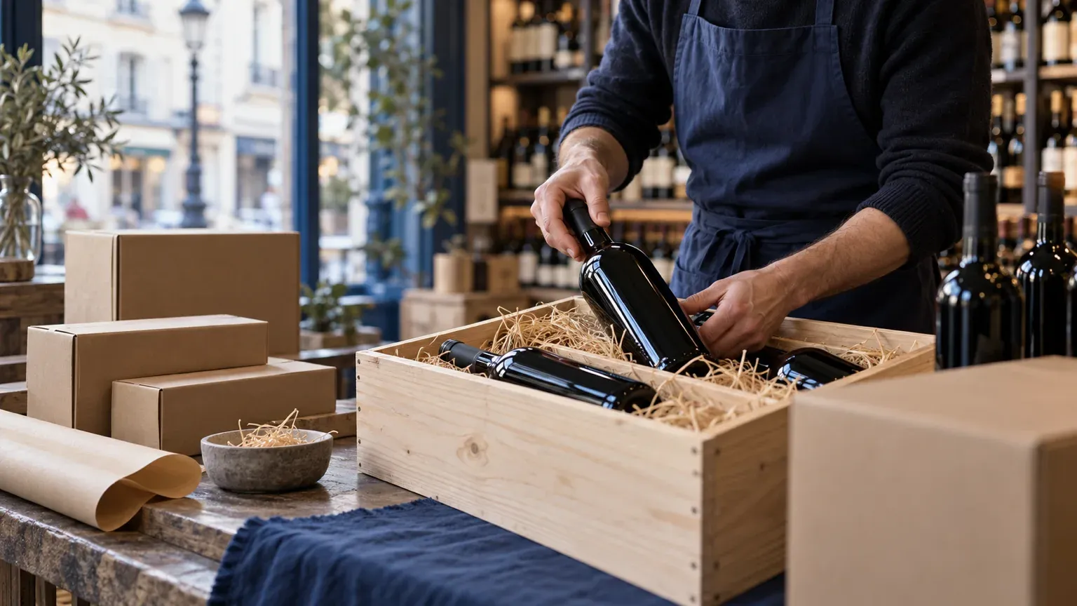 Un caviste parisien prépare une commande de bouteilles dans une caisse en bois, image d’une boutique en ligne qui livre ses habitués et dont les frais courent chaque mois.