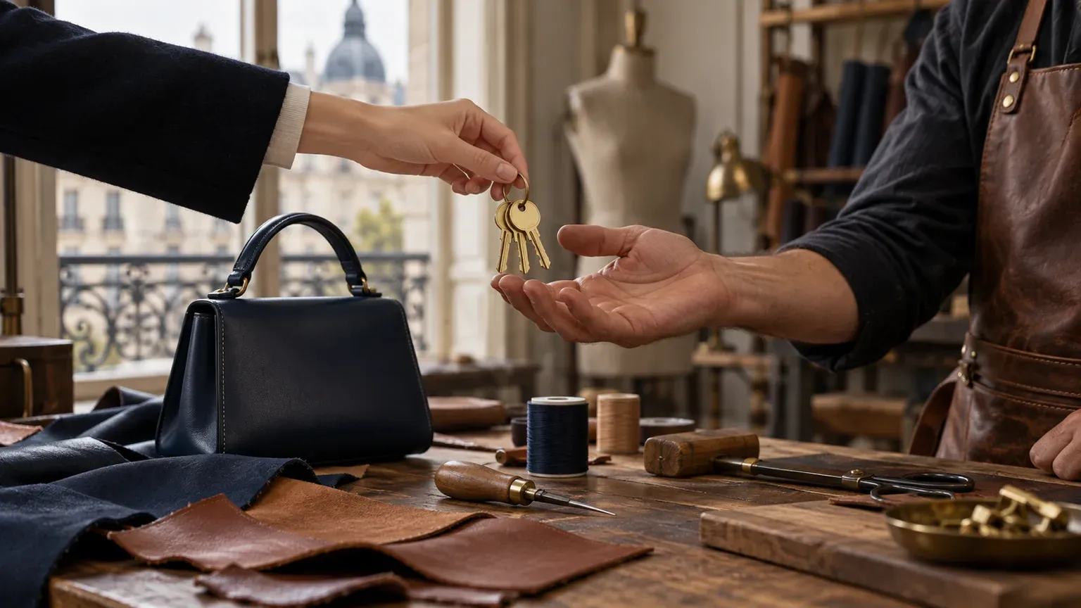 Dans un atelier de maroquinerie, un artisan reçoit un trousseau de clés au-dessus de son établi, image du nom de domaine et des comptes de la boutique enregistrés au nom de l’entreprise.