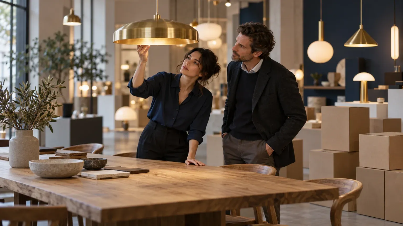 Dans le showroom d’une PME de luminaires, une architecte et le dirigeant examinent une suspension en laiton près de cartons d’expédition, pour une boutique en ligne qui vend aussi aux professionnels.