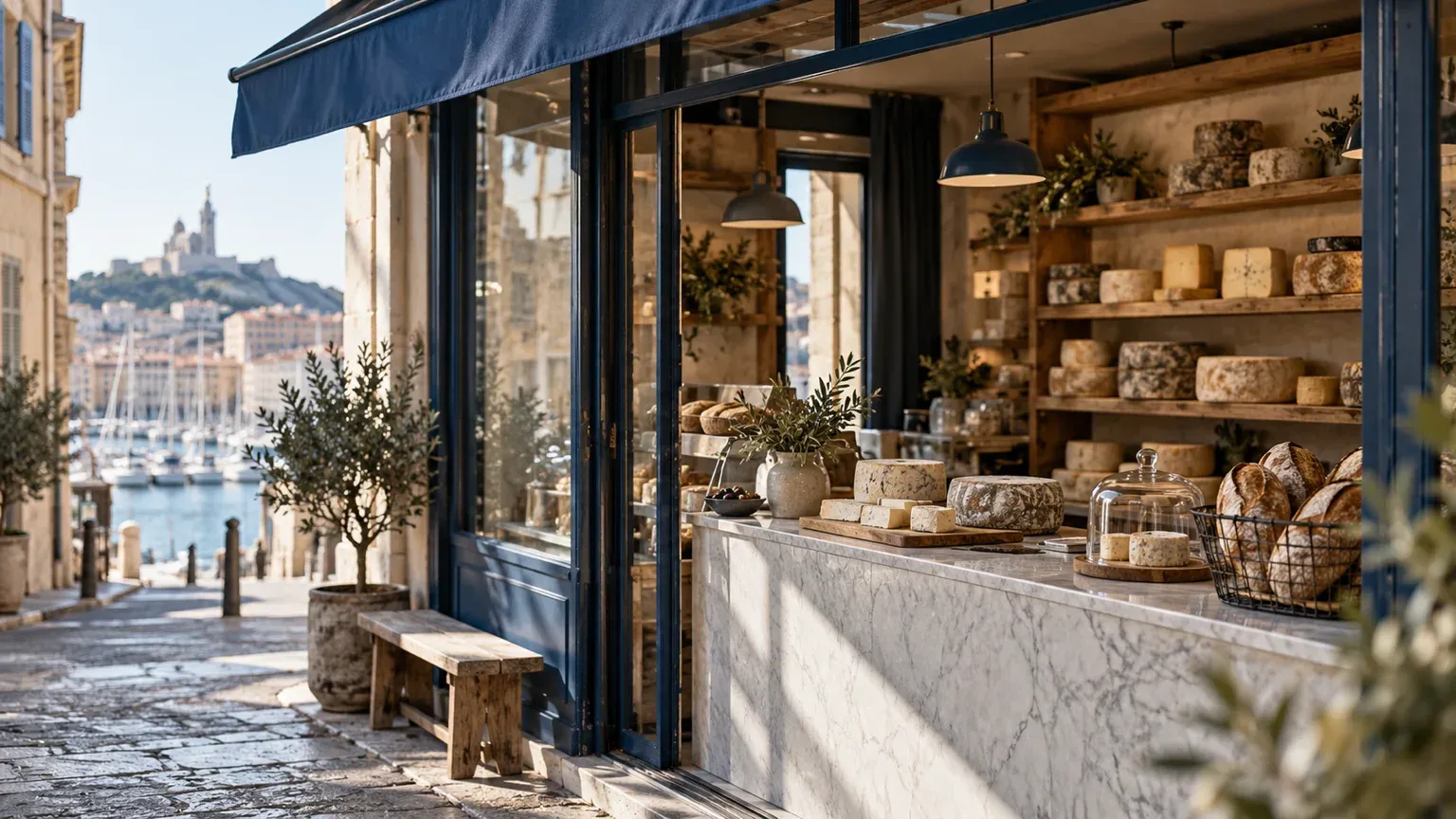 Comptoir d’une fromagerie de quartier à Marseille, exemple d’entreprise en contact direct avec ses clients, donc éligible à une fiche d’établissement Google sans frais.