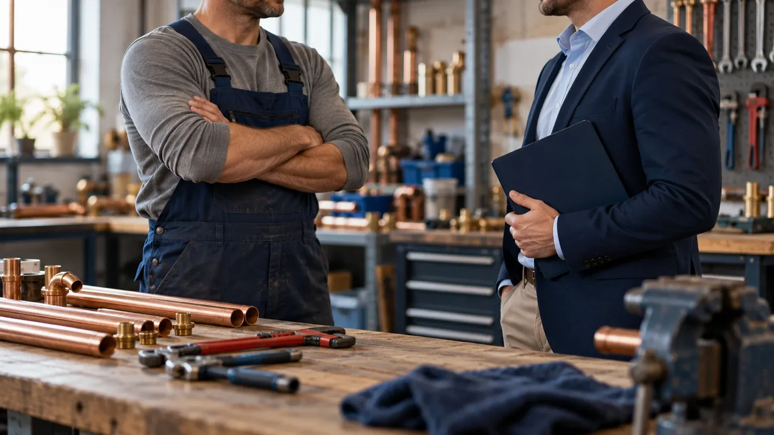 Un plombier reçoit un démarcheur dans son atelier, situation où un petit professionnel peut, sous conditions, se rétracter d’un contrat de marketing digital signé sur place.