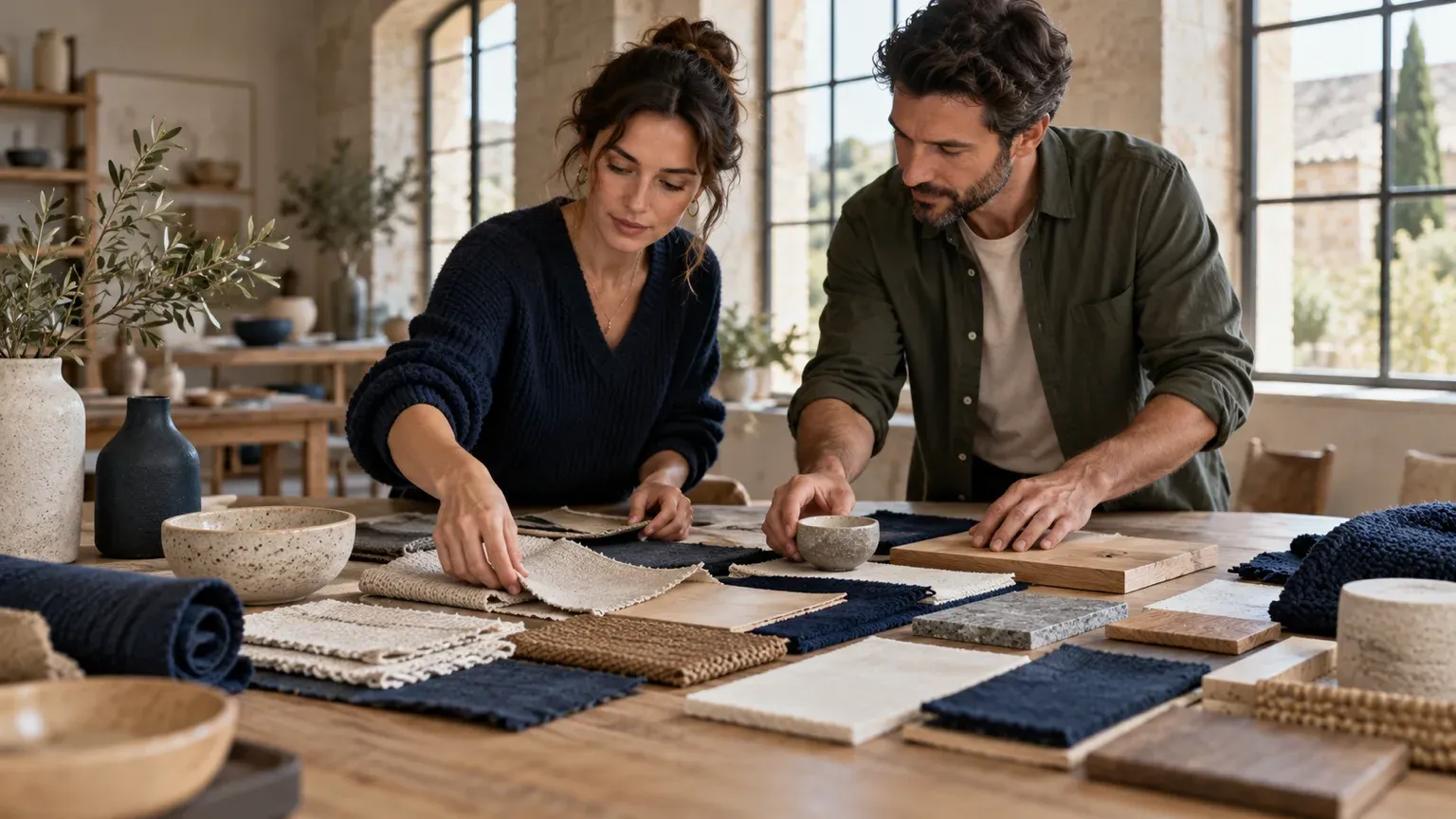 Une femme et un homme disposent des échantillons de tissus, de bois et de pierre sur une grande table d’atelier, pour préparer les visuels d’une boutique en ligne.