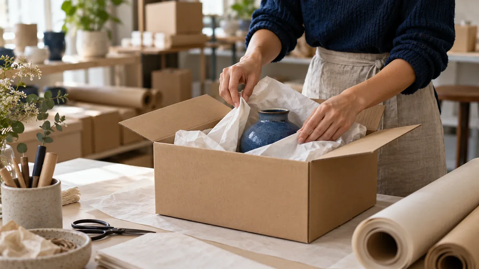 Des mains glissent du papier de soie autour d’un vase bleu dans un carton d’expédition, sur la table de préparation des commandes d’une boutique en ligne.