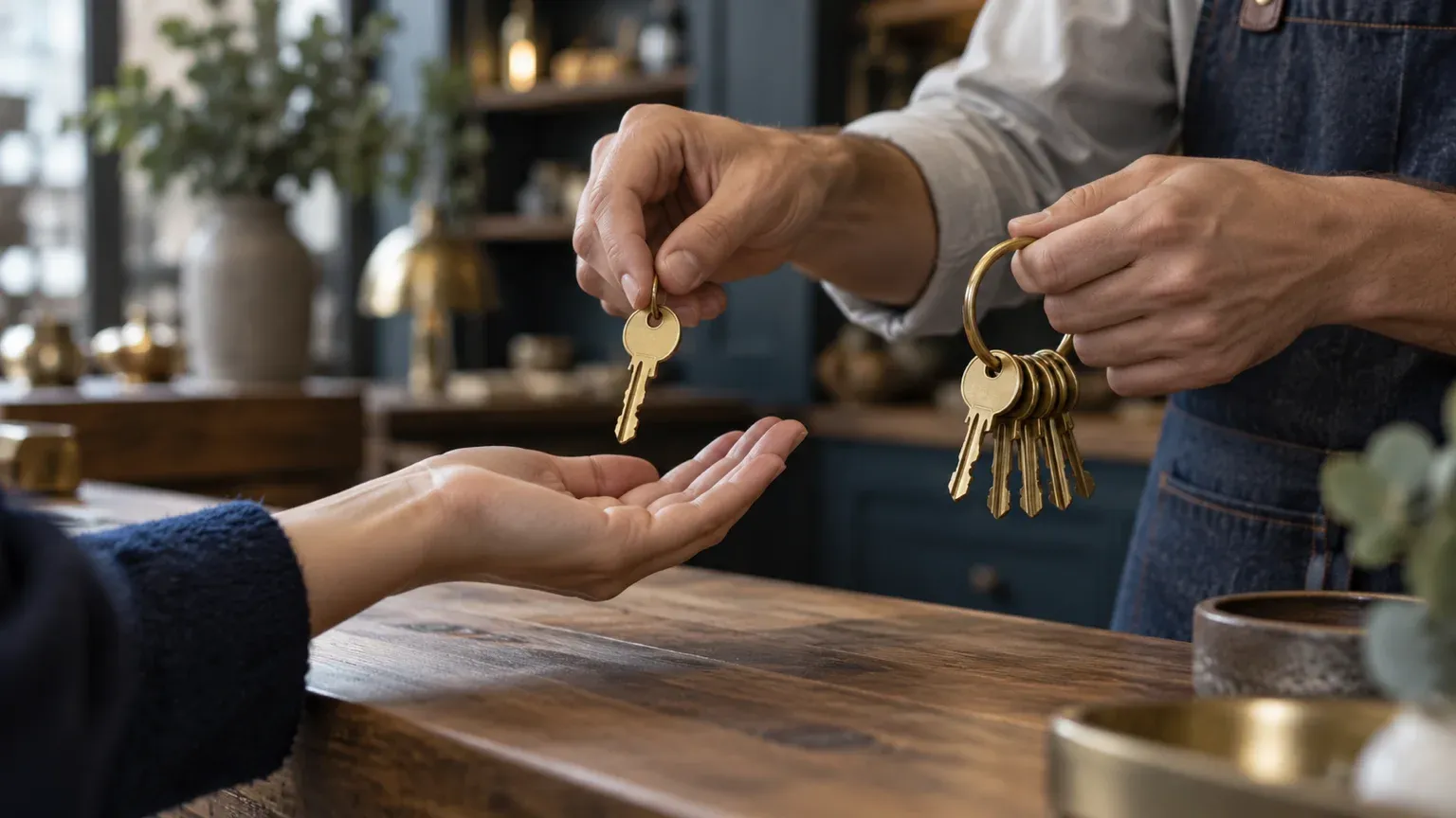 Gros plan sur les mains d’un commerçant en tablier qui détache une seule clé de son trousseau et la pose dans une main tendue, image des accès limités à donner à une agence SEO.