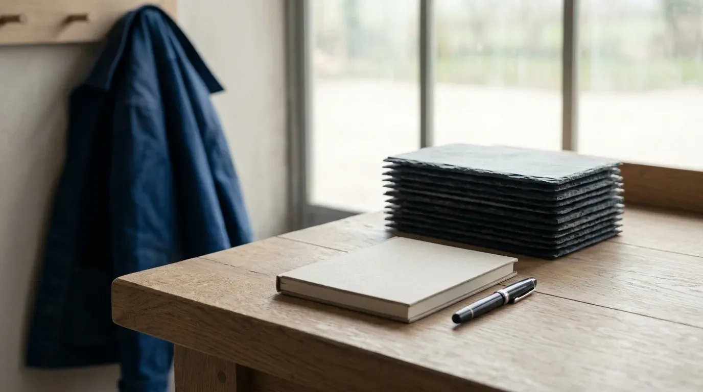 Pile d’ardoises sur une table en chêne, près d’un carnet fermé et d’un stylo plume, une veste de travail bleue accrochée au mur.