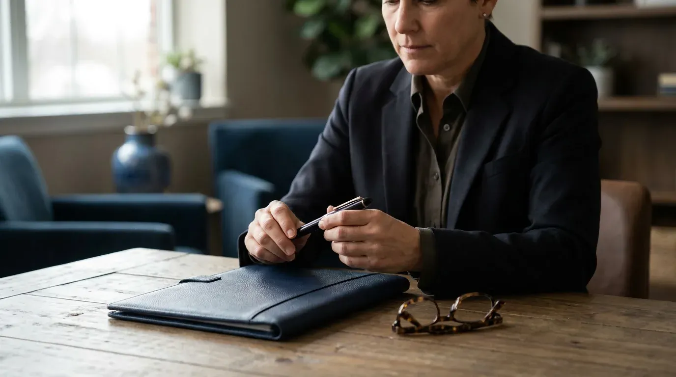 Une dirigeante, stylo en main, marque une pause devant un porte-documents bleu marine fermé, avant de s’engager avec une agence SEO.