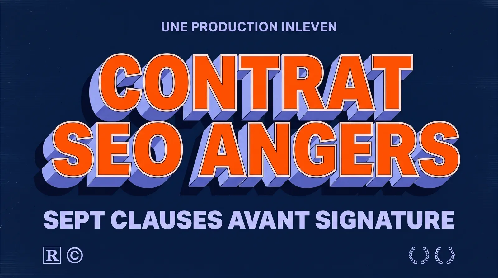 Couverture en 3D rétro aux couleurs d'Inleven, avec le titre Contrat SEO Angers et, en dessous, la mention sept clauses avant signature.