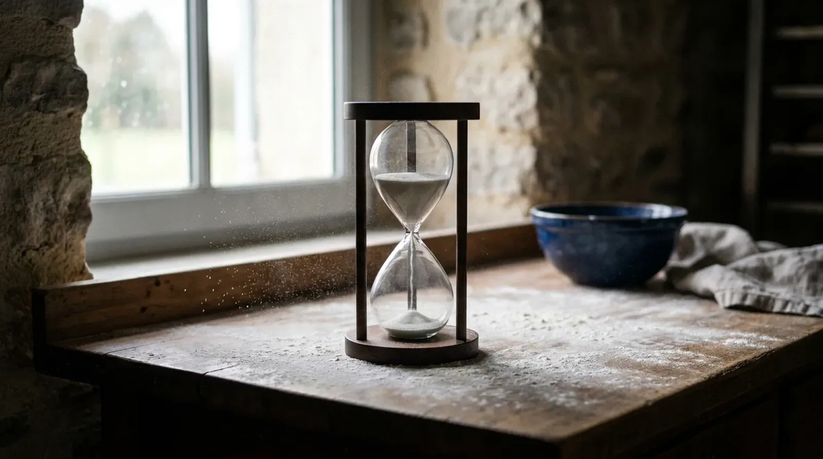 Un sablier posé sur le plan de travail fariné d’une boulangerie artisanale, un bol bleu et une fenêtre en fond, image du calendrier des 90 premiers jours d’une prestation SEO à Caen.