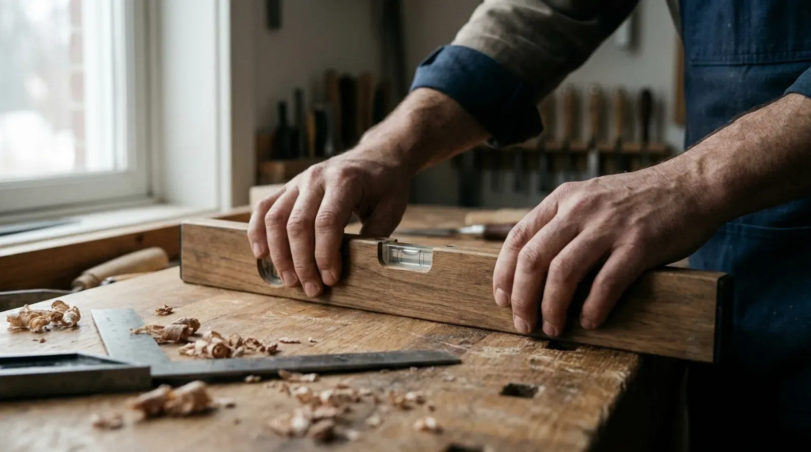 Les mains d’un artisan qui contrôlent un niveau à bulle en bois sur son établi, copeaux et équerre à côté, comme le professionnel de Caen qui lit lui-même les signaux de sa Search Console.