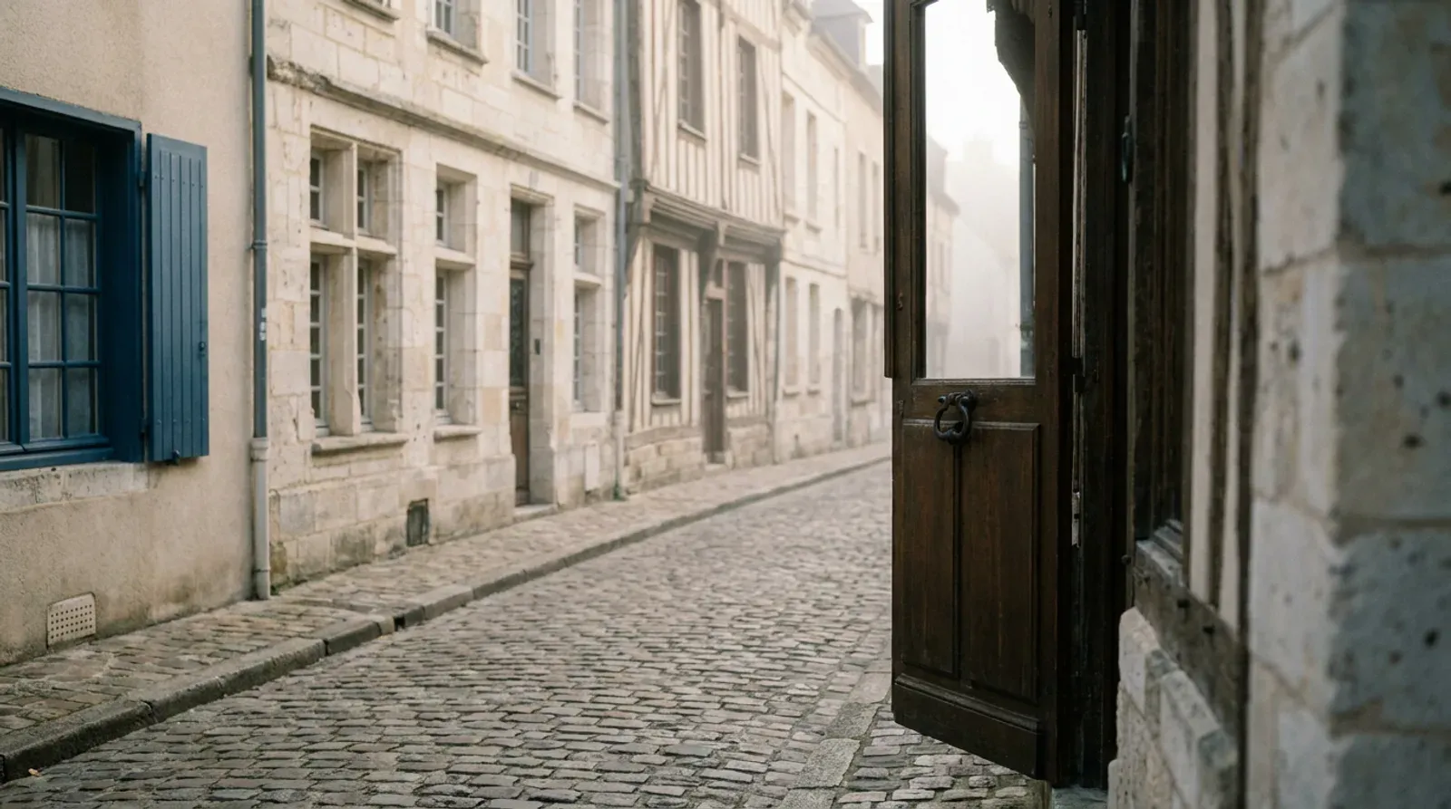 Une rue pavée aux façades en pierre et à colombages, porte en bois entrouverte au petit matin, la ville où un professionnel de Caen choisit entre une agence locale et un studio à distance.
