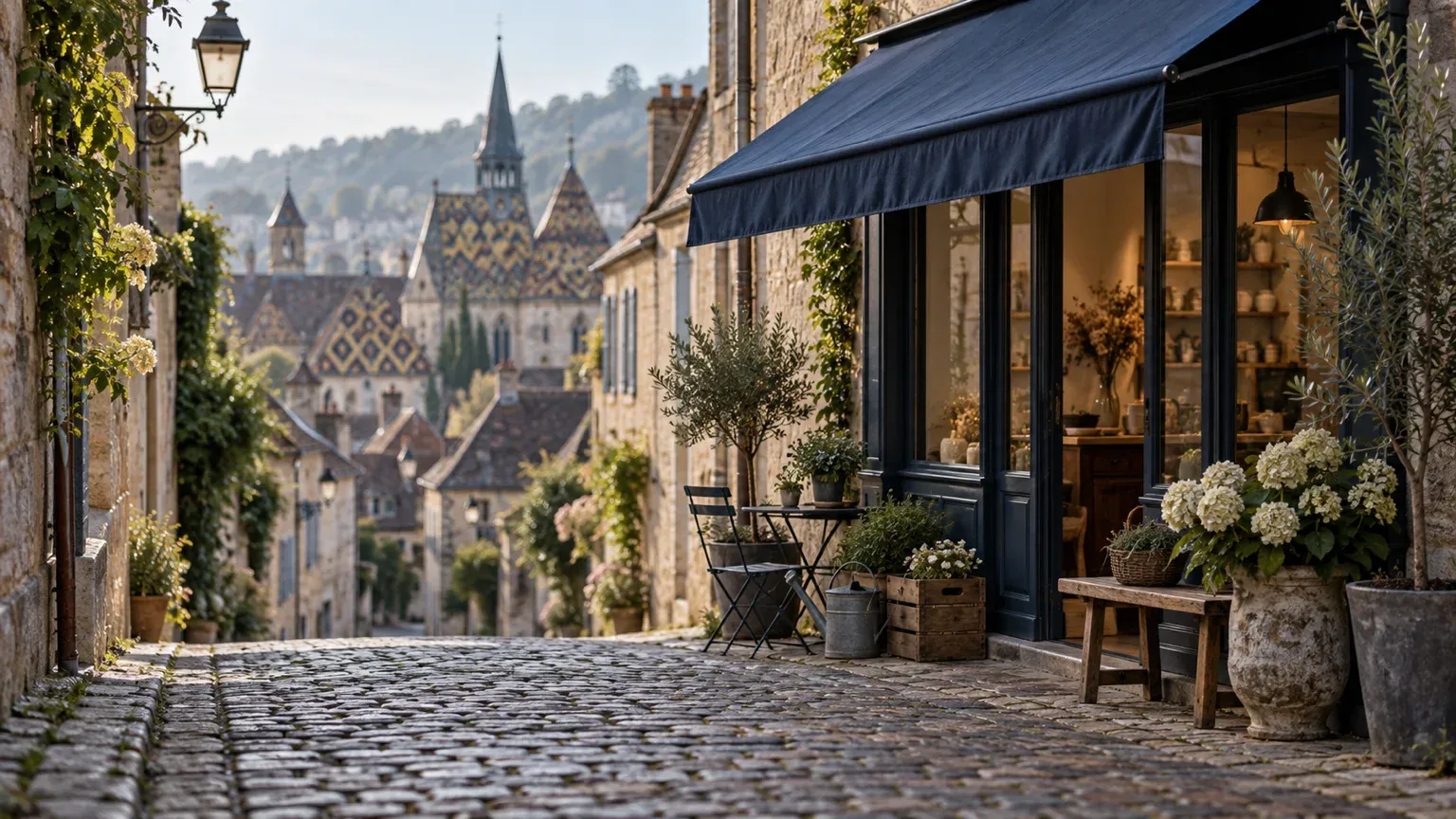 Une rue pavée de centre ancien bourguignon, une boutique au store bleu et, au loin, des toits en tuiles vernissées, pour illustrer la visibilité locale d’un commerce à Dijon.