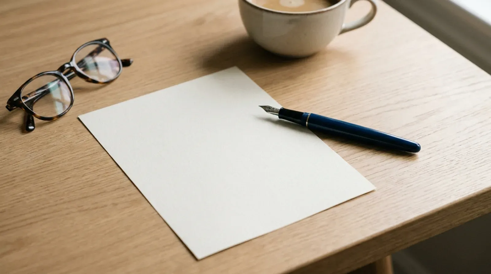 Une feuille de papier entièrement vierge posée sur un bureau en bois clair, avec un stylo plume, une paire de lunettes et une tasse de café.