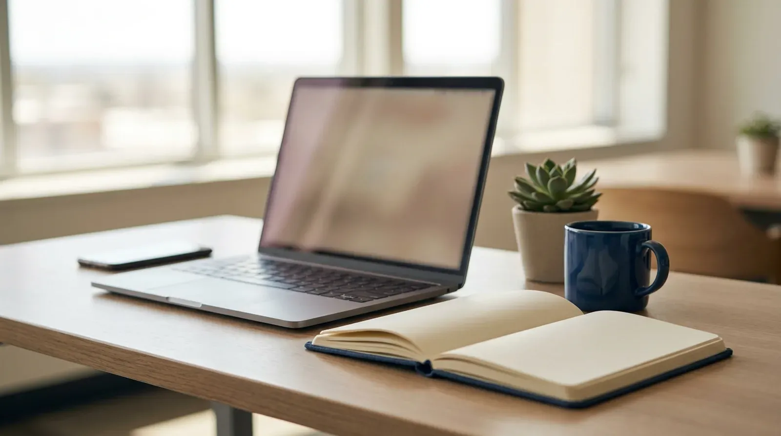 Un ordinateur portable à l’écran flou, un carnet ouvert sur deux pages vierges, un téléphone et une tasse bleue sur un bureau clair devant une fenêtre.