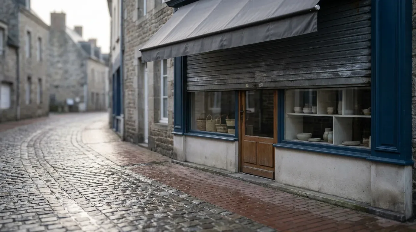 Vitrine d’un artisan potier aux boiseries bleues dans une rue pavée du Nord au petit matin, rideau métallique à demi levé, store sans enseigne et pavés humides, l’image d’un pro lillois qui doit être trouvé sur Google et dans les réponses des assistants IA.