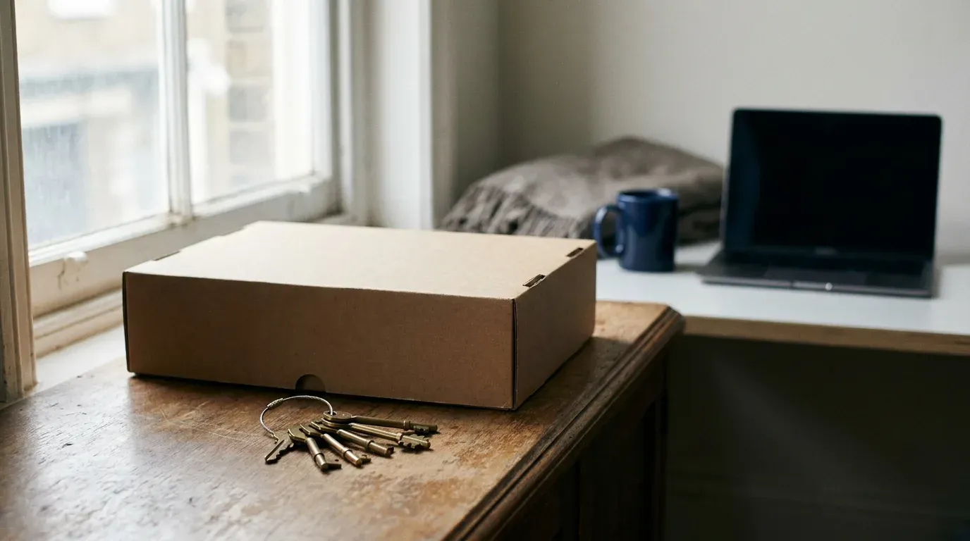 Un trousseau de clés anciennes posé sur un meuble en bois devant une boîte en carton fermée, un ordinateur portable éteint en arrière-plan, les accès et les contenus à récupérer avant de changer d’agence SEO.