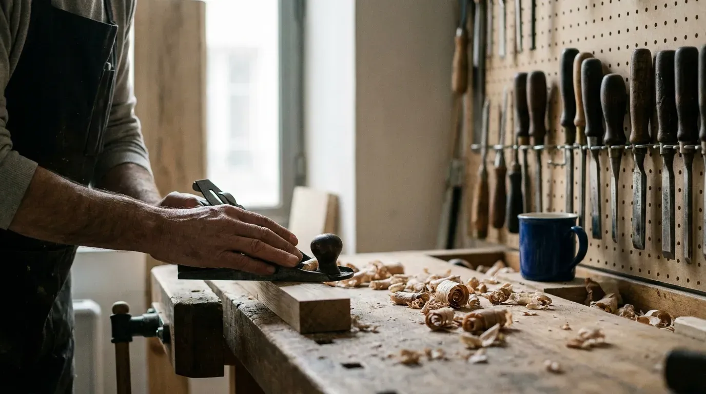 Mains d’un artisan qui tient un rabot sur un établi couvert de copeaux, ciseaux à bois accrochés au mur et lumière de fenêtre : le type d’entreprise qui doit choisir entre agence lyonnaise, freelance et studio à distance.