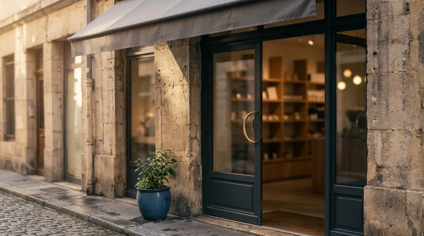 Porte vitrée à poignées de laiton d’un commerce indépendant, ouverte au matin sous un store uni dans une rue pavée, étagères en bois floues à l’intérieur : un lieu d’accueil, la condition d’éligibilité d’une fiche d’établissement Google Maps.