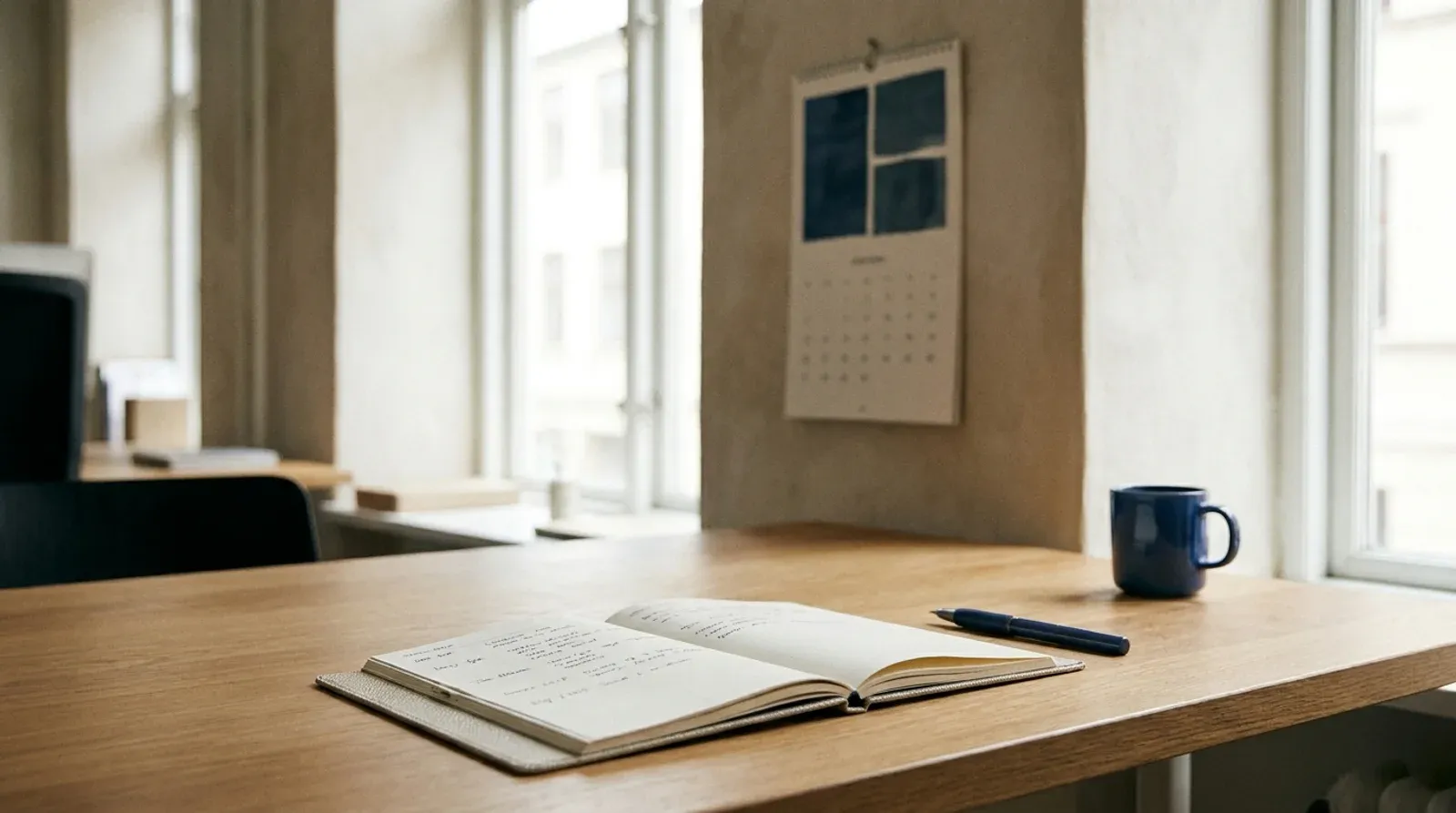 Carnet ouvert couvert de notes manuscrites, stylo et calendrier mural dans un bureau clair, image des délais réels d un chantier de référencement.