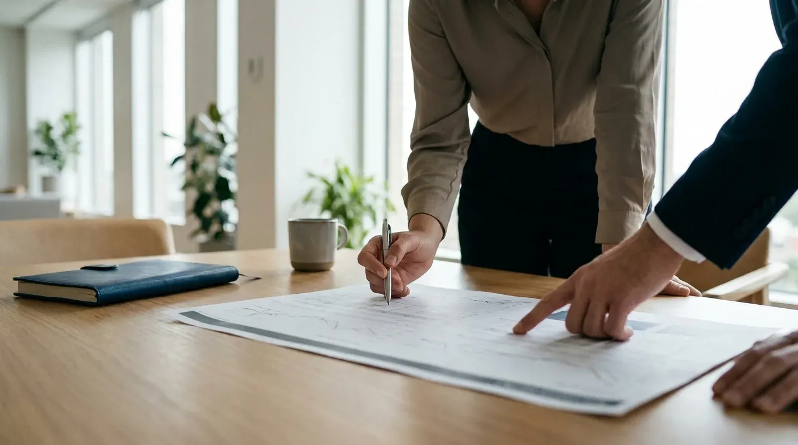 Deux professionnels penchés sur un grand document imprimé dans une salle de réunion lumineuse, l un pointe une ligne, l autre tient un stylo.