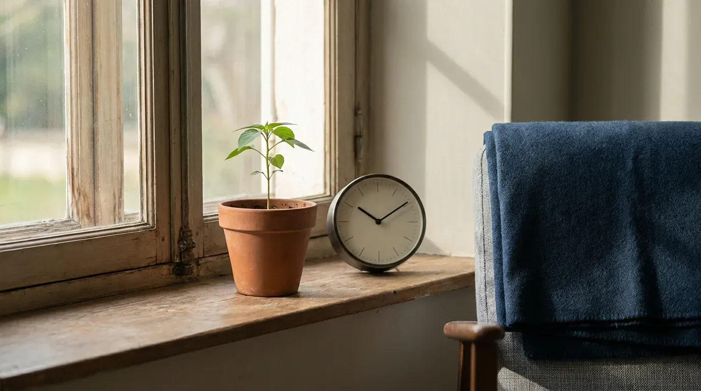 Une jeune pousse en pot de terre cuite à côté d’une horloge à aiguilles sur le rebord d’une fenêtre, image du temps que demande le référencement local d’un pro nantais avant les premiers résultats.