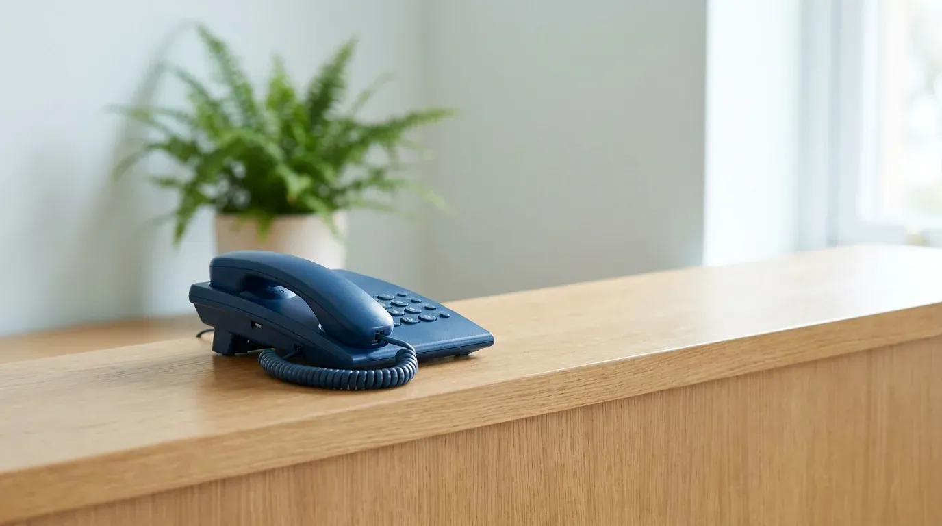 Un téléphone filaire classique posé sur le comptoir d’un petit commerce, rappel que les appels reçus comptent plus que les positions affichées dans un rapport d’agence SEO.