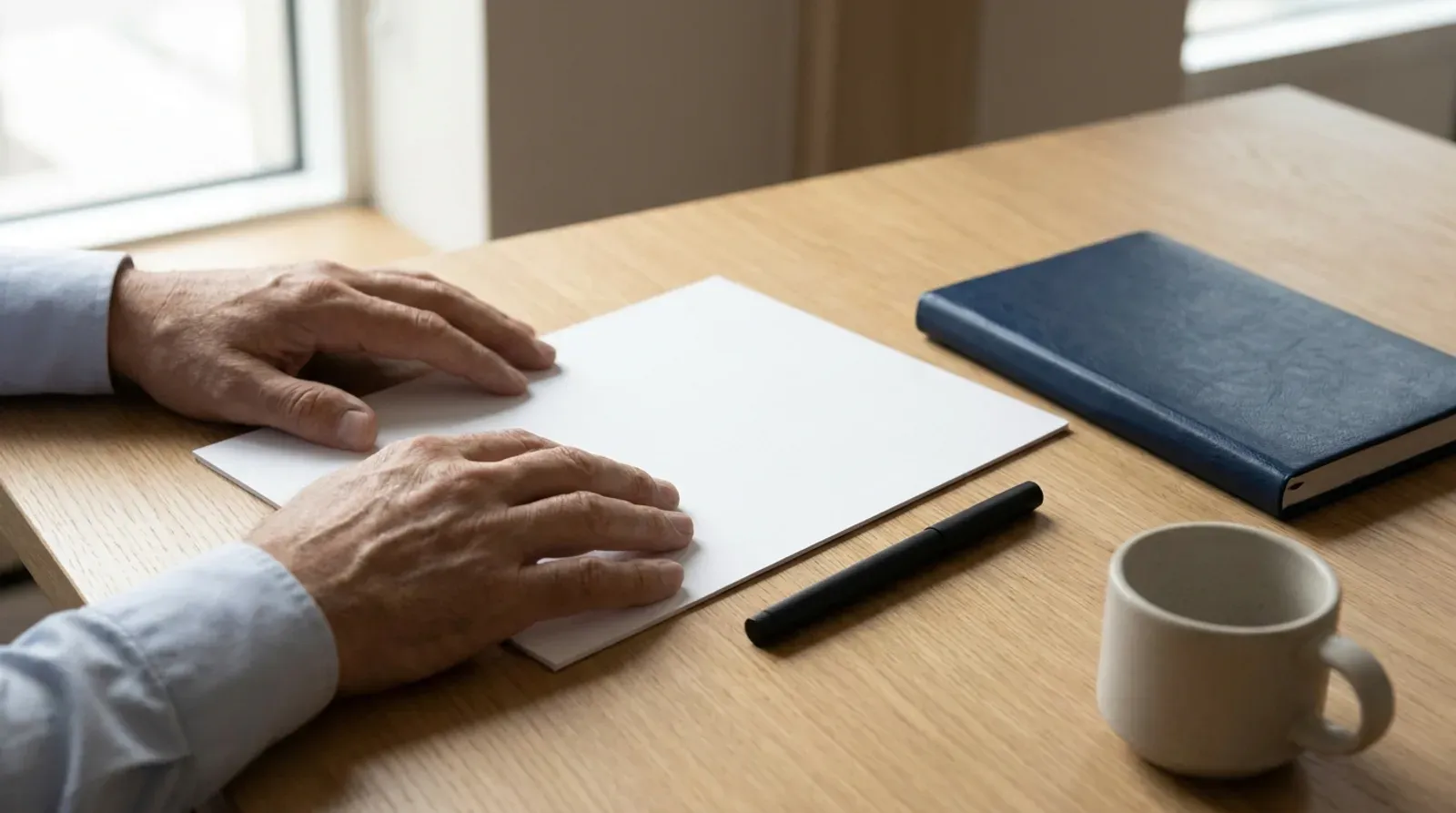 Les mains d’un dirigeant posées sur une feuille blanche, stylo et carnet fermé à côté : avant de signer avec une agence SEO à Nice, le devis se relit à tête reposée.