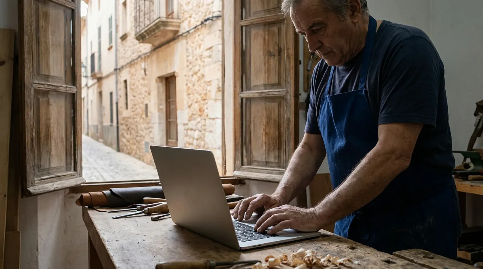 Un artisan travaille sur son ordinateur portable à la fenêtre de son atelier, dans une ruelle de vieille ville méditerranéenne : le référencement local se pilote aussi à distance.