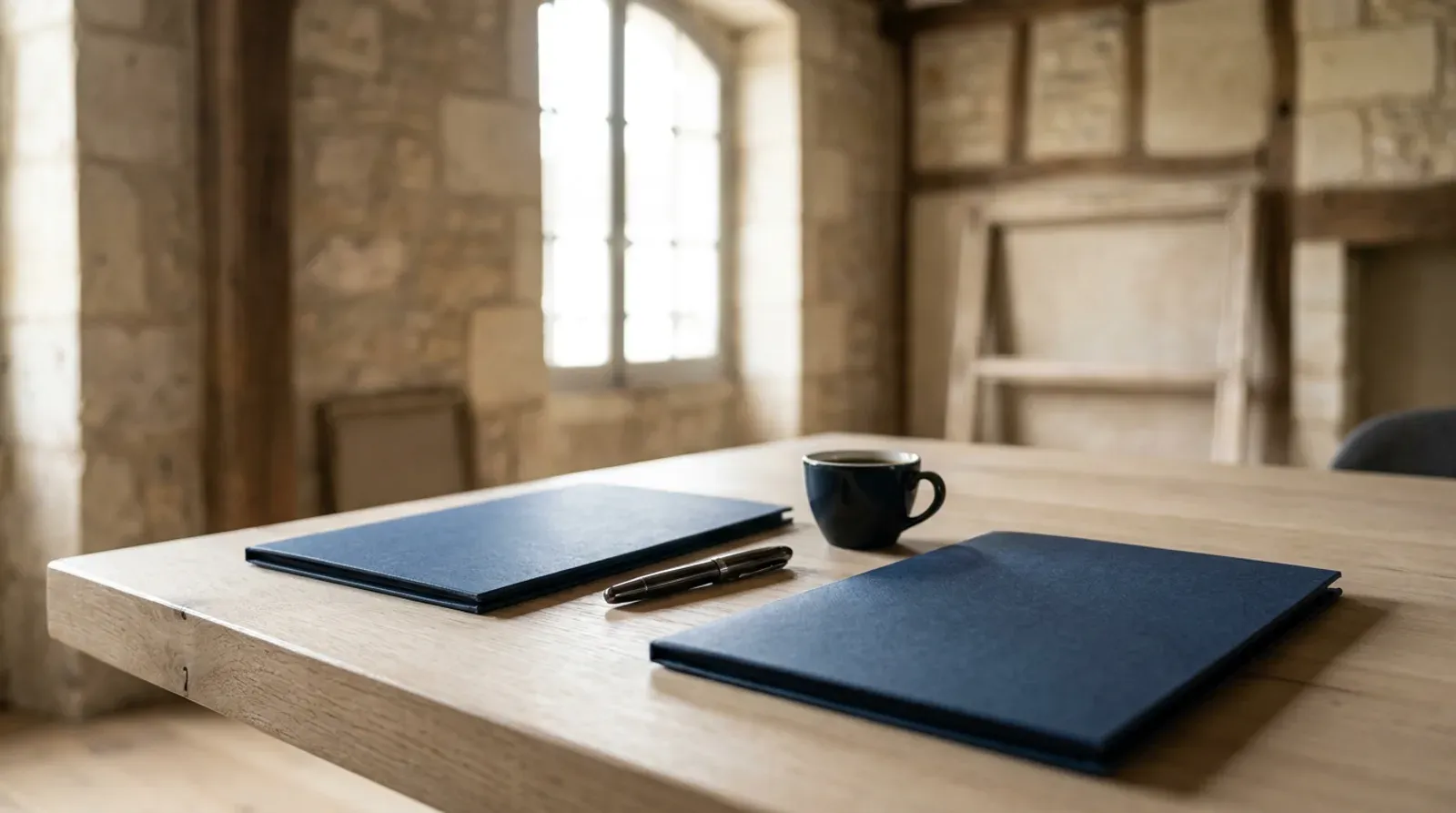 Deux chemises cartonnées bleu marine fermées sur une table en chêne, un stylo et une tasse de café entre elles, dans une pièce aux murs de pierre : comparer deux devis d’agence SEO avant de choisir.