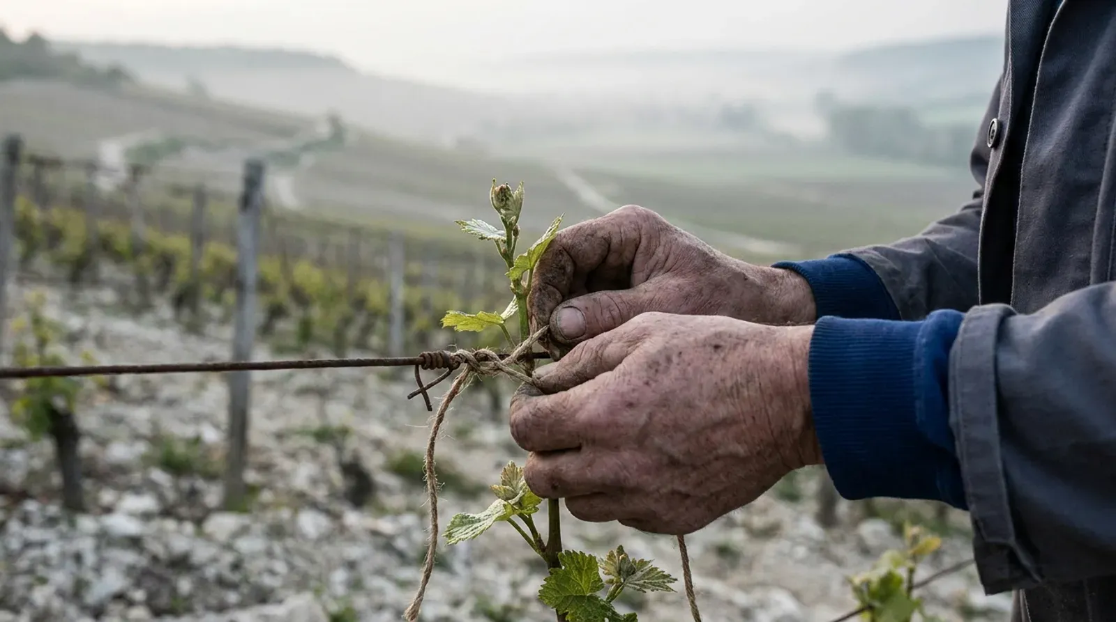 Mains d’un vigneron attachant de jeunes rameaux de vigne sur un coteau crayeux de Champagne, image de la patience qu’exige un référencement avant les premiers résultats.