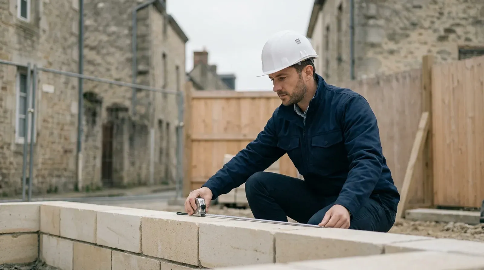 Chef de chantier en veste bleu marine et casque blanc qui mesure au mètre ruban un mur de blocs de pierre calcaire fraîchement posés, entre des maisons anciennes.