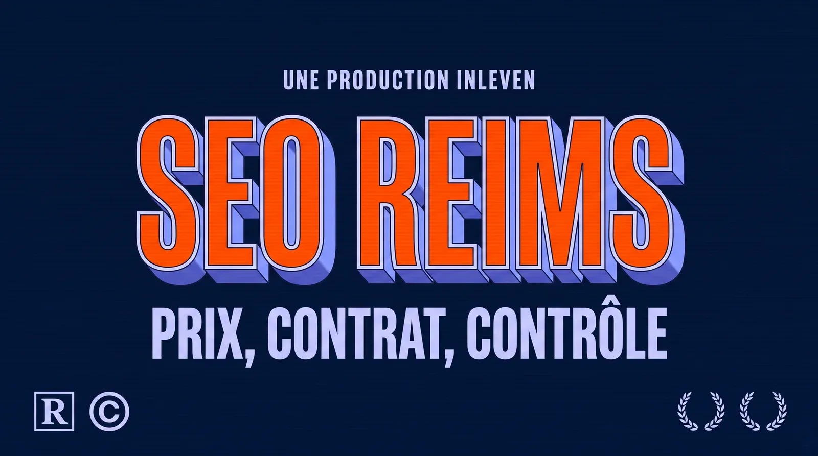 Couverture illustrée en art 3D rétro aux tons bleu nuit, avec le titre SEO Reims en grandes lettres et la ligne prix, contrat, contrôle, pour un guide sur le choix d'une agence SEO à Reims.