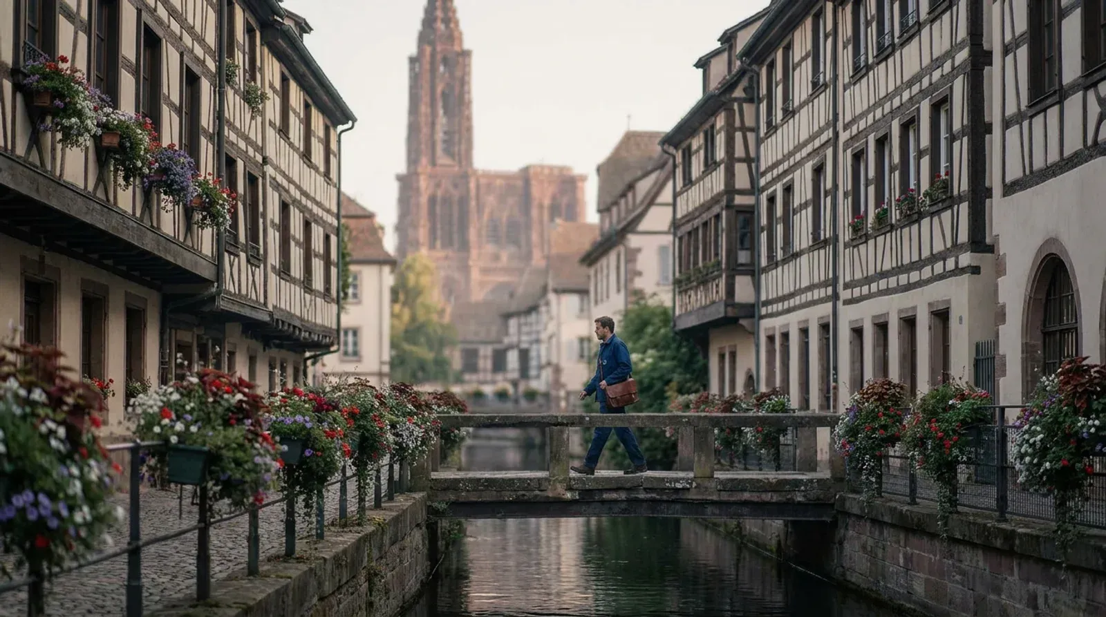 Homme en veste bleue traversant une passerelle de pierre au-dessus d’un canal bordé de maisons à colombages fleuries, avec la flèche d’une cathédrale en grès rose au loin.