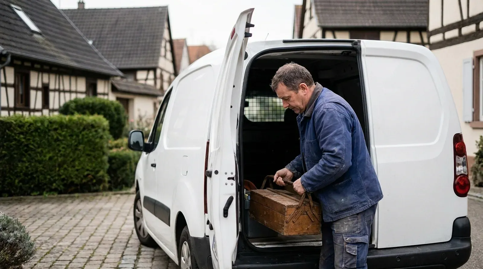 Artisan en veste de travail bleue chargeant une caisse à outils en bois dans un utilitaire blanc, devant des maisons à colombages, dans une rue résidentielle pavée.