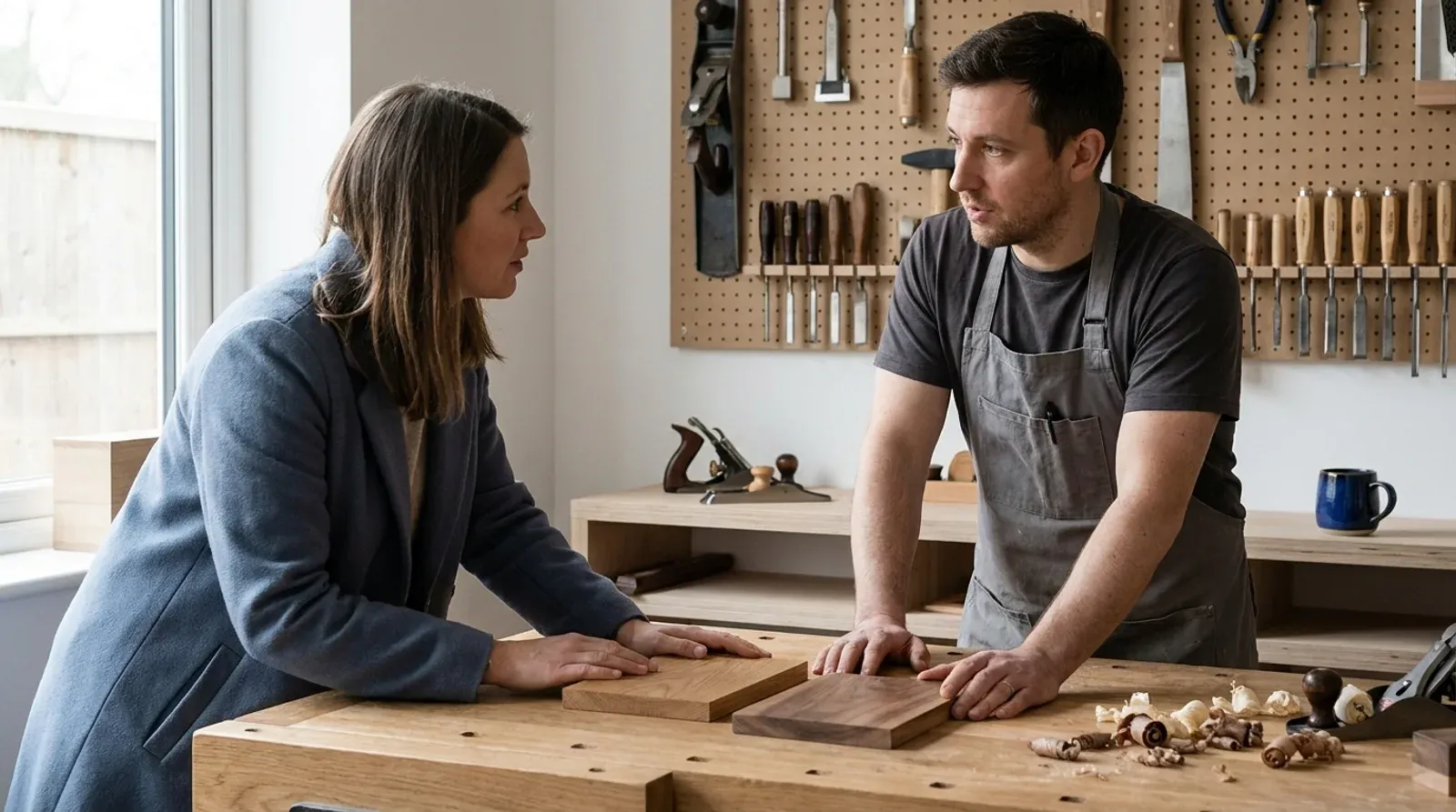Menuisier en tablier et cliente échangeant au-dessus d’un établi, entre des planches de chêne et de noyer, outils à main accrochés au mur de l’atelier.