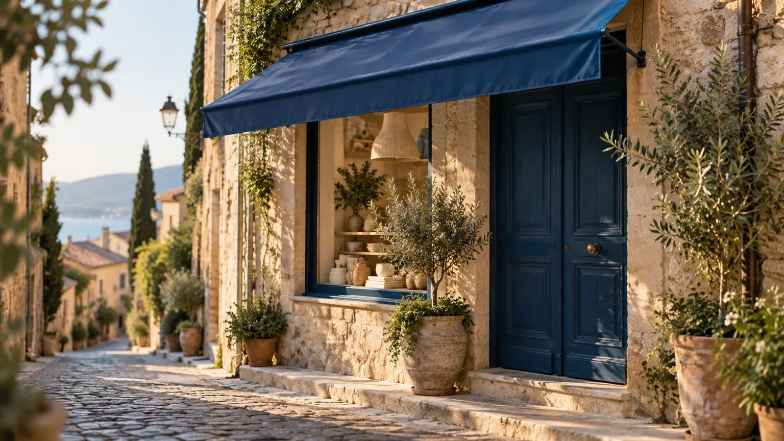Devanture d’un petit commerce dans une ruelle pavée de vieille ville méditerranéenne, store et porte bleu nuit, oliviers en pot et mer au loin, comme les établissements toulonnais qui cherchent à remonter dans les résultats locaux de Google.