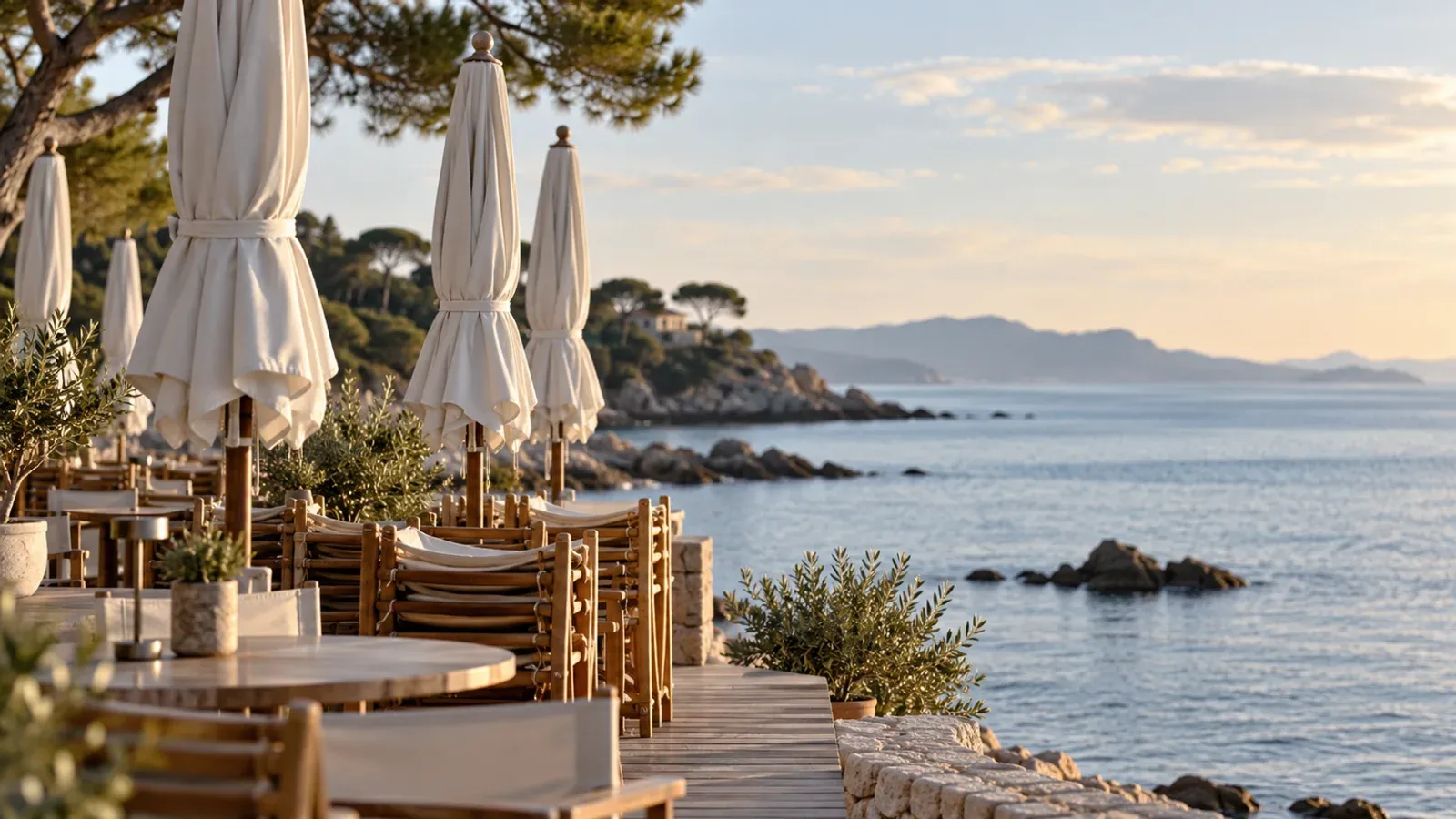 Parasols repliés et chaises empilées sur une terrasse en bord de mer, face à une côte rocheuse hors saison, pour rappeler qu’une activité saisonnière se juge d’une année sur l’autre.