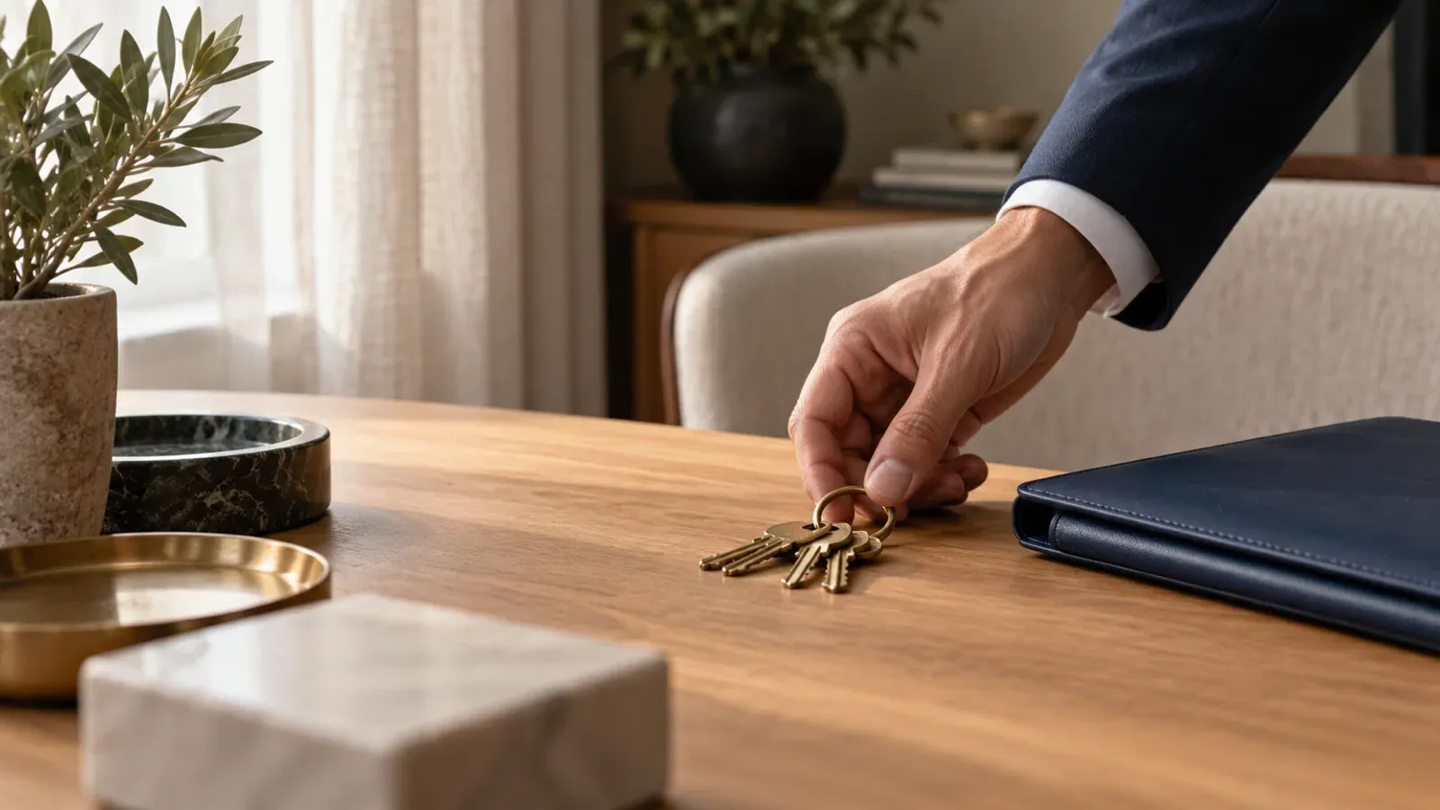 Main posant un trousseau de clés sur un bureau en bois à côté d’un dossier bleu nuit fermé, image des accès qu’une entreprise prête à son agence SEO sans lui en céder la propriété.