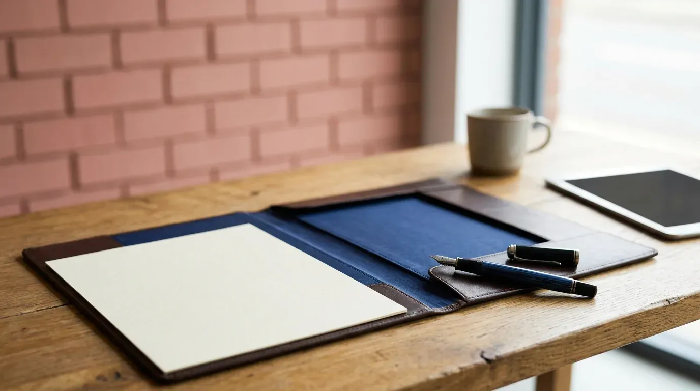 Un stylo plume ouvert posé sur une pochette de conférence en cuir ouverte, une feuille vierge à côté, une tablette éteinte et une tasse sur un bureau en chêne devant un mur de briques roses : le devis d’une agence SEO à Toulouse se lit ligne par ligne avant d’être signé.