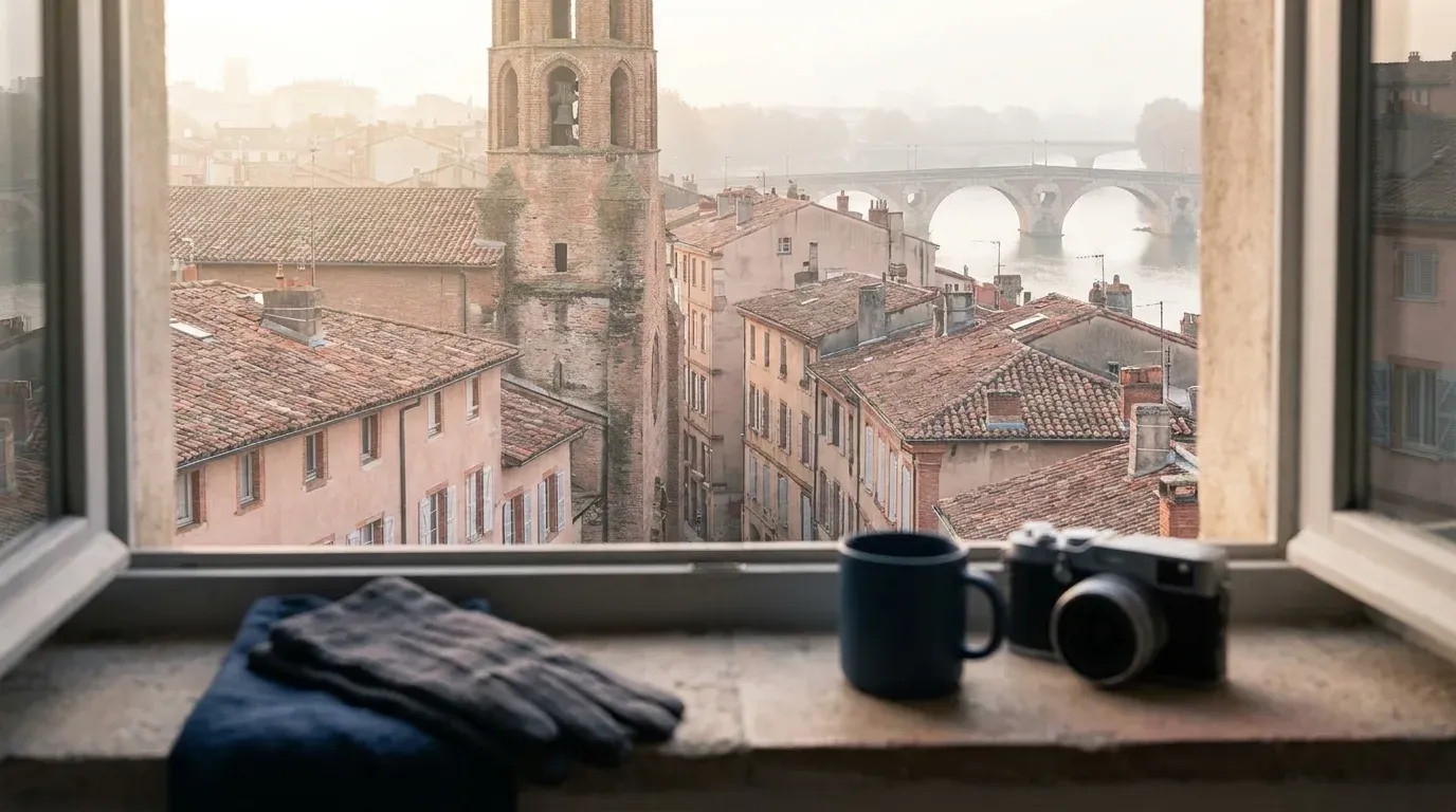 Depuis un rebord de fenêtre, les toits en briques roses de Toulouse au petit matin, un clocher en brique, la Garonne et un pont de pierre dans la brume : le territoire du référencement local, où les résultats se mesurent en semaines et en mois, jamais du jour au lendemain.