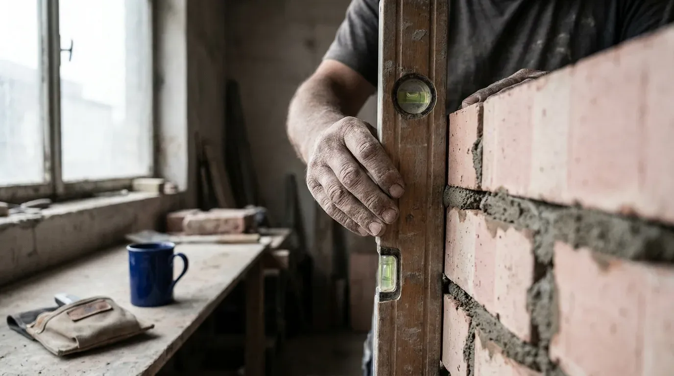 Les mains d’un maçon qui tiennent un niveau à bulle en bois contre un mur de briques roses fraîchement monté, mortier encore frais, dans un atelier : contrôler chaque mois le travail d’une agence SEO, c’est vérifier soi-même, dans ses propres comptes.