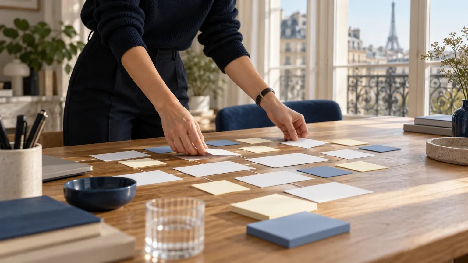 Une personne dispose des cartes et des notes adhésives vierges en parcours utilisateur sur une table en chêne, devant une fenêtre ouverte sur les toits de Paris et la tour Eiffel.