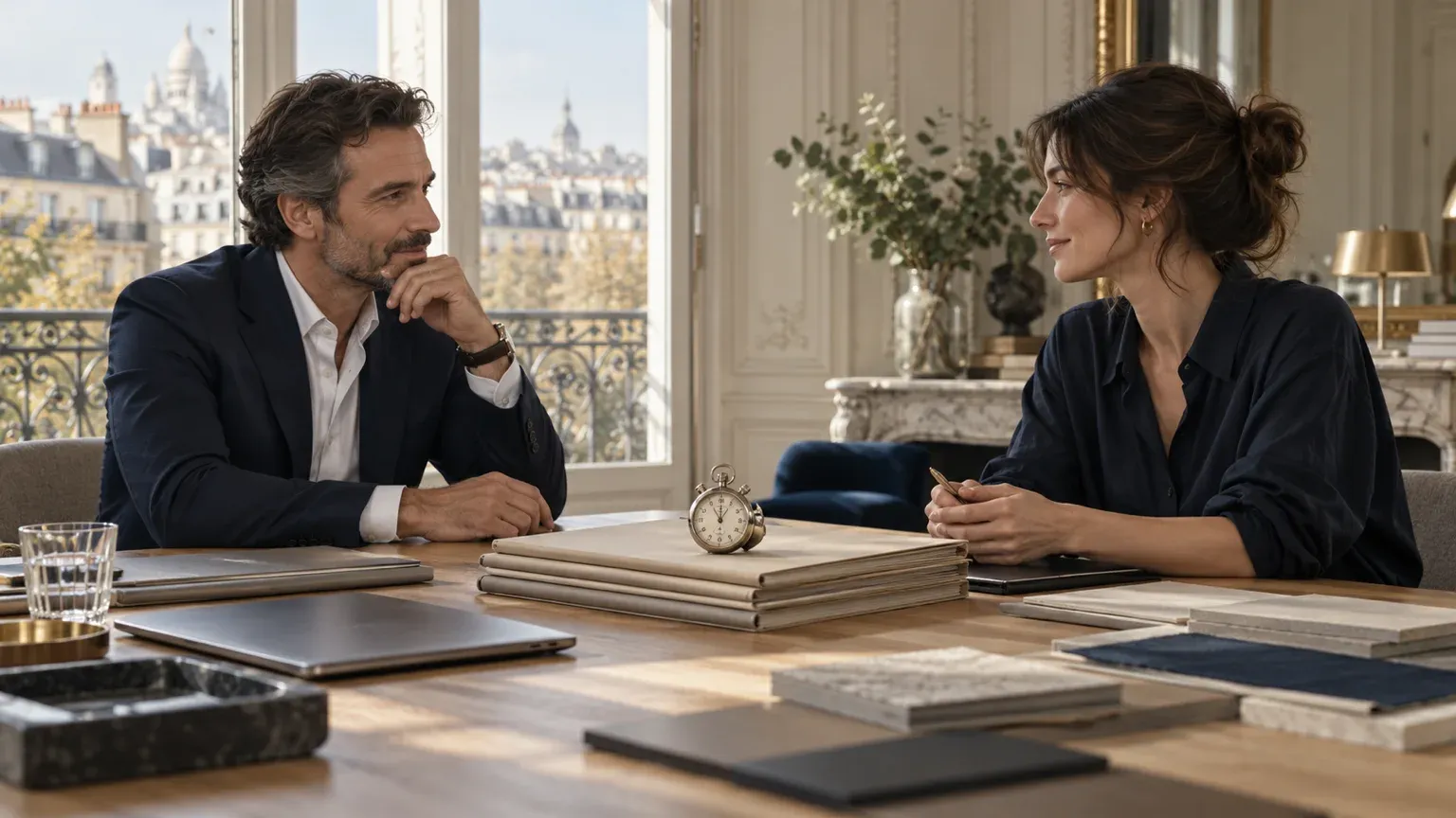 Un homme et une femme échangent en réunion de recette autour d’une longue table, un chronomètre ancien posé sur une pile de dossiers, dans un bureau haussmannien face aux toits de Paris.